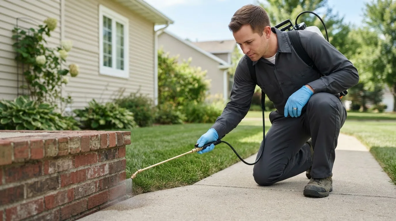 Pest control technician treating a home near Rollingstone, MN