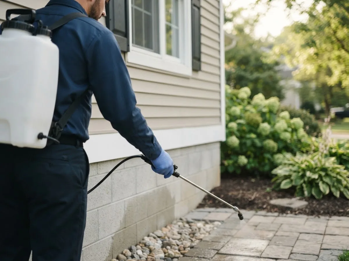 Pest control technician inspecting a home in Rollingstone, MN
